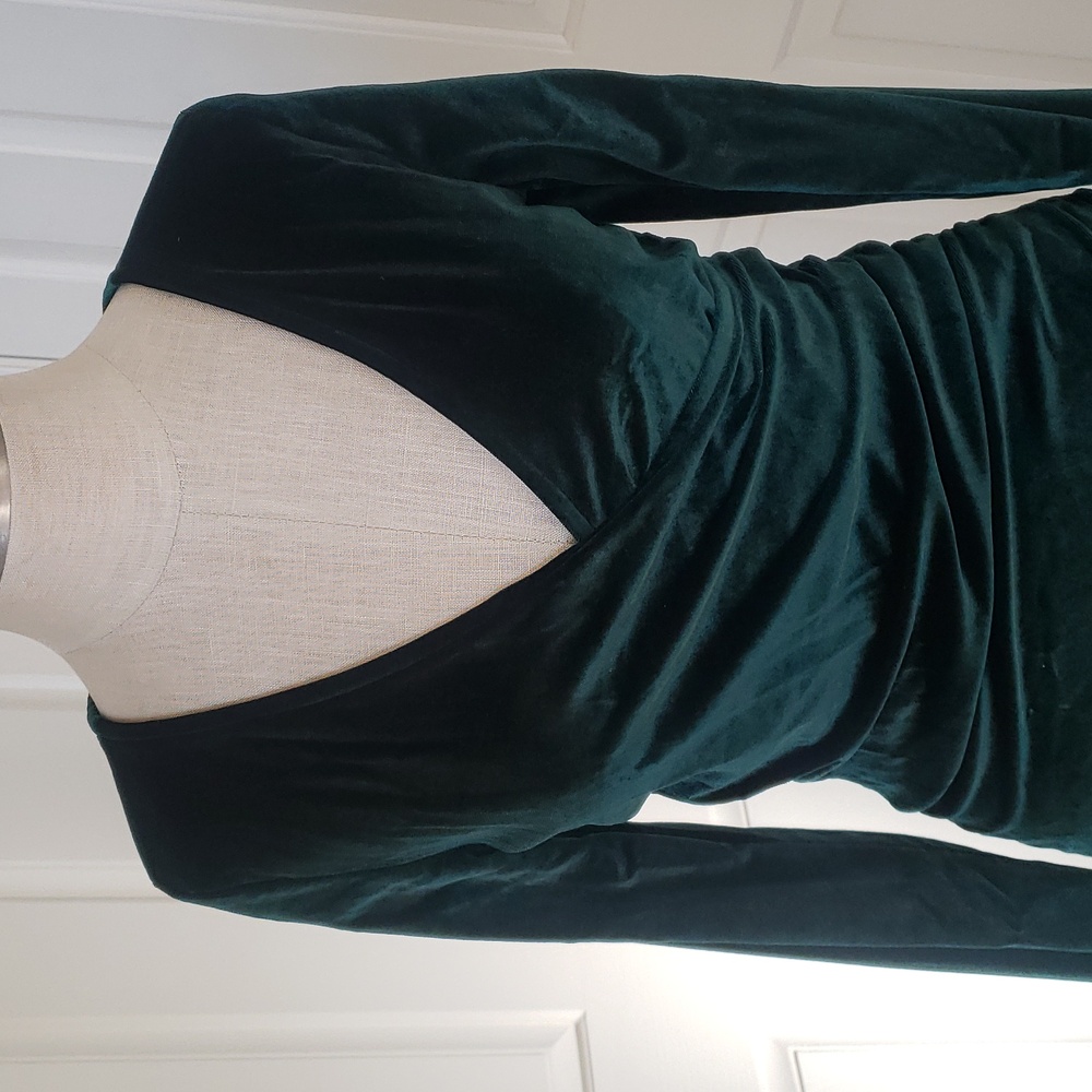Emerald Green Velvet Ruched Tulip Wrap Dress Long Sleeve S - Picture 6 of 14